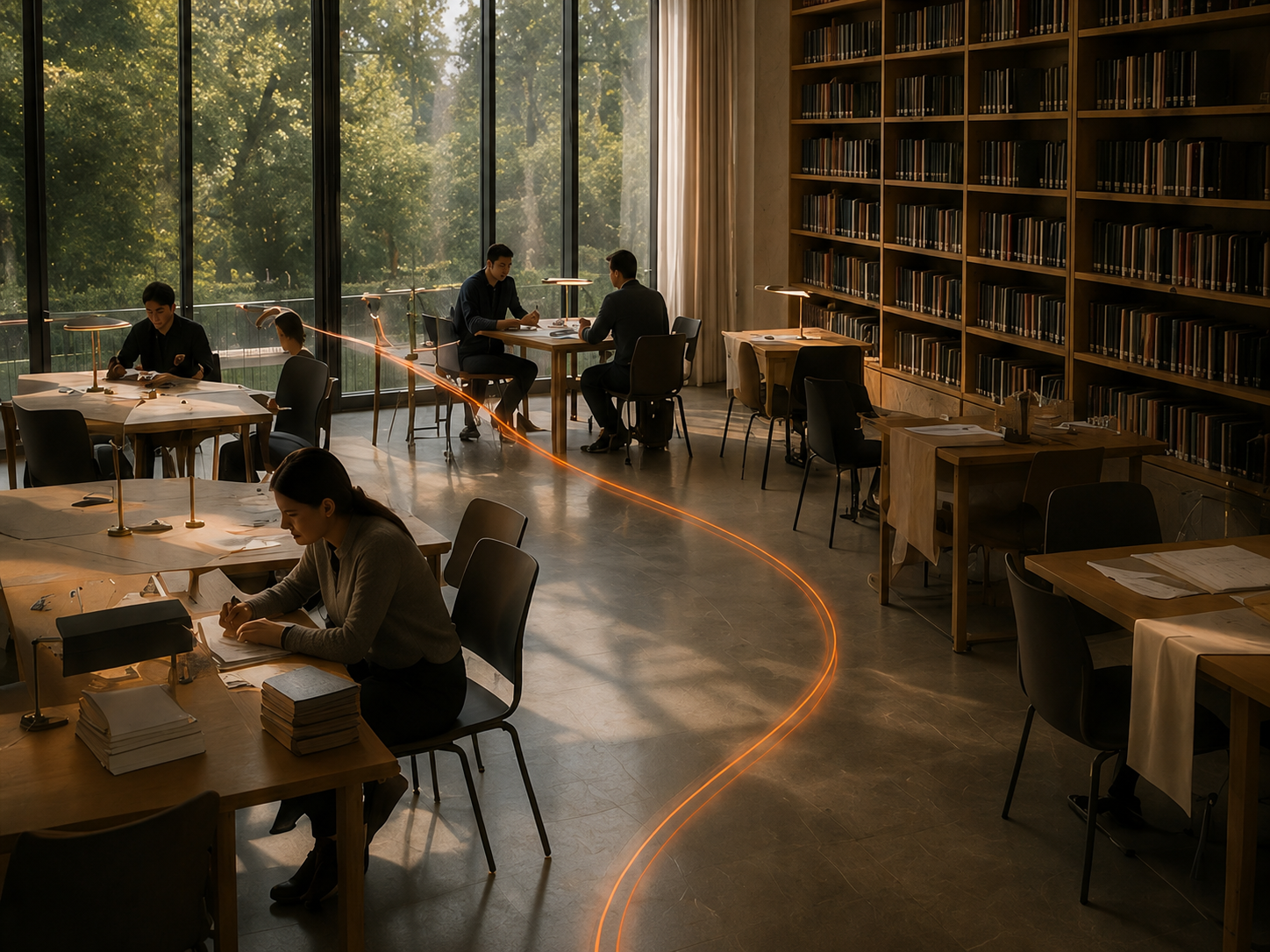 Mensen werken en leren in een ruime bibliotheek, verbonden door een oranje lichtlijn die door de verschillende kennisplekken loopt.