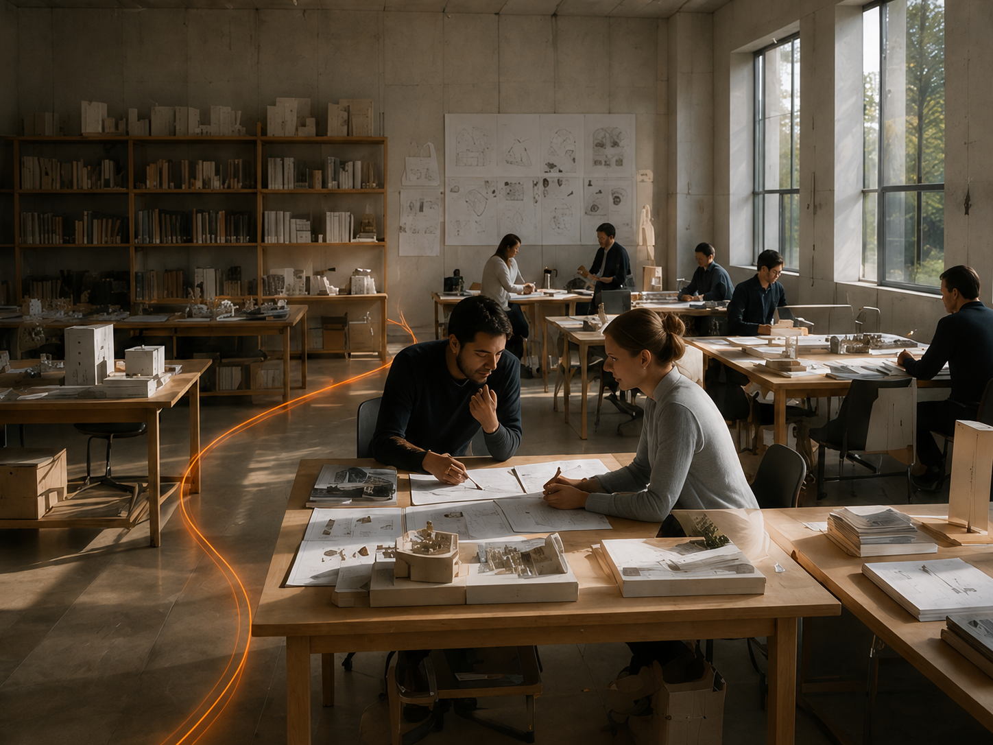 Professionals werken in een open studio vol schetsen en modellen, doorkruist door een oranje lichtlijn die bestaande patronen zichtbaar maakt.