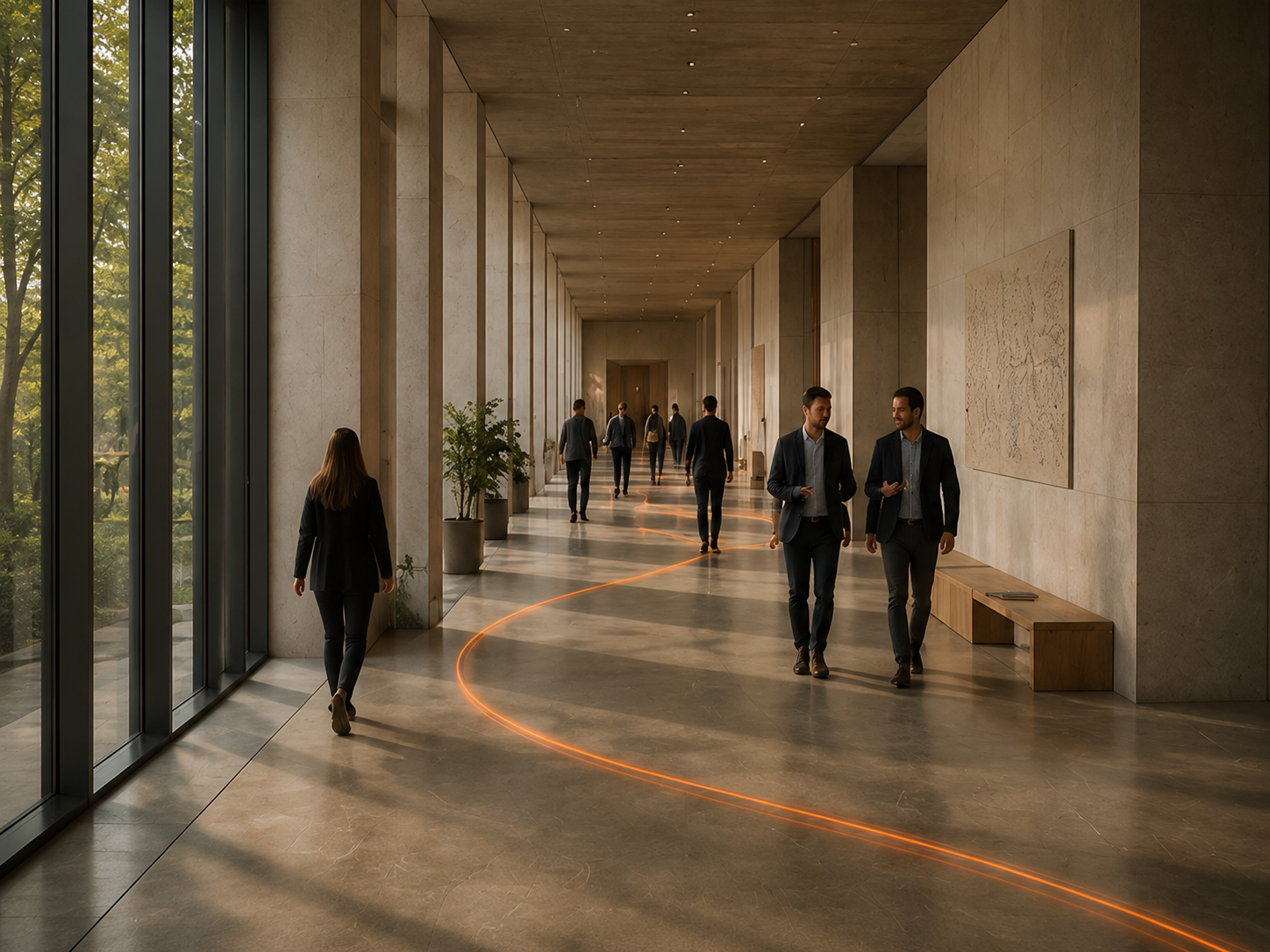 Professionals bewegen door een lange kantoorpassage, terwijl een oranje lichtlijn vooruitloopt en door verschillende delen van de organisatie voert.